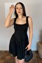 Women's Square Neck Thick Strap Waist Detailed Modal Fabric Mini Black Dress - 5