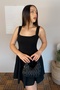 Women's Square Neck Thick Strap Waist Detailed Modal Fabric Mini Black Dress - 4