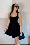 Women's Square Neck Thick Strap Waist Detailed Modal Fabric Mini Black Dress - 2