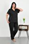 Women's Plus Size Cotton Pocket Buttoned Black Pajama Suit 202507