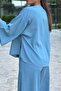 Women's Blue Color Linen Single Button Kimono Pants Suit 4S5139 - 4