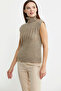 Woolen Full Fisherman Sleeveless Knitwear Sweater - Dark Beige - 3