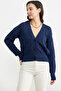 V-Neck Buttoned Hair Braided Knitwear Cardigan - Navy Blue - 3