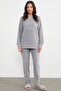 Embroidery Detailed Fleece Pajama Set - Gray