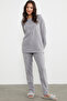 Embroidery Detailed Fleece Pajama Set - Gray - 4