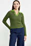 Polo Collar Striped Viscose Knit Sweater - Green - 2
