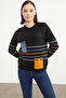 Color Striped Knitwear Sweater with Block Pockets - Black - 2