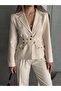 Women's Cream Belted Jacket Pants Suit - 4