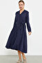 Linen Look Long Sleeve Shirt Dress - Navy Blue