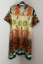 Women's Beige Orange Green Placket Neckline Print Side Pocket Loose Relaxed Fit Short Sleeve Midi Dress - 2