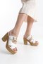 Women's Special Design Gold Buckle and Troc Double Banded Wooden Look Platform Heeled Slippers - 6