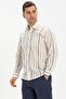 Long Sleeve Sile Cloth Single Pocket Men's Summer Shirt Ecru Gray Striped 3028