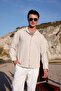 Men's Beige Color Knitted Ottoman Fabric Long Sleeve Shirt