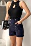 Women's Modern Cut Sleeveless Collar Detailed Black Blouse 0285