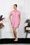 Women's Cotton Woven Short Sleeve Buttoned Pink Tunic Nightgown 13110 - 4