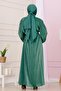 Balloon Sleeve Stone Şimal Evening Dress-Emerald Green - 5