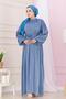 Balloon Sleeve Stone Şimal Evening Dress-Indigo