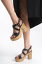 Women's Special Design Gold Accessory Cross Banded Wooden Look Platform Heeled Shoes - 5