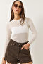 Women's Ecru Openwork Crew Neck Metallic Glitter Blouse 1031 60283144 - 3