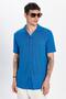 Men's Slim Fit Slim Fit Short Sleeve Knitted Texture Apache Collar Cobalt Blue Shirt