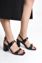 Women's Thick Heeled Three Buckle Double Strap Black Sandals Casual Heeled Shoes