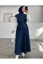 Women's Ruffled Sleeve Zippered Vest Skirt Navy Blue Denim Suit - 3