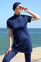 Fashionable Striped Short Sleeve Navy Blue Half Hijab Swimsuit 33015 - 3