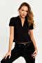 Women's Black Collared Zipper Blouse Rlo95 - 2
