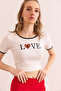 Women's White Love Embroidered Crop Stretchy Cotton Blouse Blz- 19002905