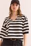 Women's Black V-Neck Striped Short Sleeve Knitwear Blouse Blz- 19002837 - 4