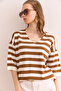 Women's White V-Neck Striped Short Sleeve Knitwear Blouse Blz- 19002837 - 4