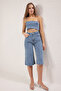 Mavi Taşlı Paçası Kesikli Denim Kapri Bermuda TWOSS25SR00061 - 2