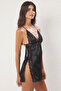 Siyah Saten Dantel ve Yırtmaç Detaylı İp Askılı Dokuma Babydoll/Fantezi Gecelik THMSS25CY00001 - 4