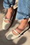 Elva Front Strap Detail Genuine Leather Women's Ballet Flats Beige