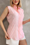 Zero Sleeve Pink Striped Cotton Linen Women's Shirt - 6