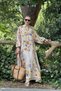 Women Off White Orange Blue Button Detail Long Sleeve Long Dress