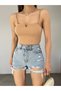 Women's Beige Scuba Crep Fabric Mini Crop