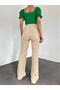 Women's Beige Ribbed Stitched Gathering High Waist Lycra Flared Trousers - 3