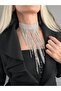 Crystal Stone Fringed Tassel Model Silver Color Evening Dress Choker Chocker Necklace