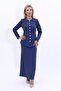 Zero Neckline Buttoned Jacket & Long Straight Tight Skirt - Indigo - 1064553 - 2