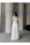 White Stone Strap Low Sleeve Satin Evening Dress - 5