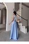 Baby Blue Double Breasted Collar Shoulder Detailed Satin Evening Dress - 5
