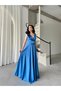 Blue Double Breasted Collar Shoulder Detailed Satin Evening Dress - 3