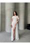 White Stone Strap Low Sleeve Satin Evening Dress - 2