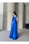 Cobalt Blue Double Breasted Collar Shoulder Detailed Satin Evening Dress - 5