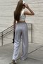 Women's Gray Linen Fabric High Waist Loose Wide Leg Palazzo Sweatpants - 3