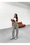 Women's Khaki Striped Knitted Fabric Loose Wide Leg Waist Lace up High Waist Palazzo Pants - 4