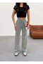 Women's Black Striped Knitted Fabric Loose Wide Leg Waist Lace up High Waist Palazzo Pants - 5
