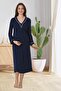 Women's Navy Blue Design Long Sleeve Cotton Maternity Pajama Set Nightgown 4-Piece Set - 3