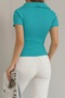 Women's Flexible Knitwear Fabric V-Neck Short Sleeve Basic Turquoise Blouse 0271 - 2